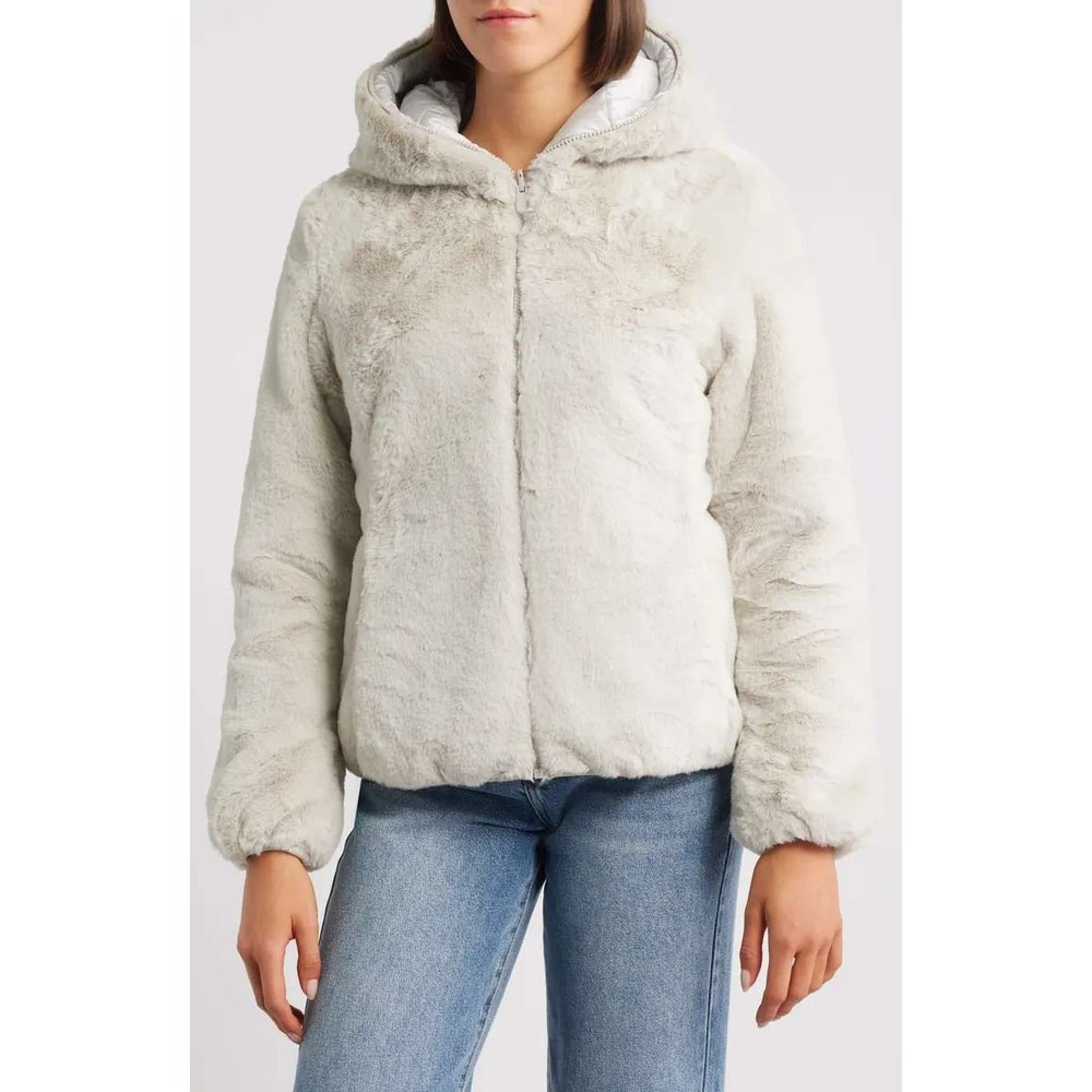 Save The Duck‎ Laila Reversible Faux Fur Puffer Jacket Fog Grey Womens Size S